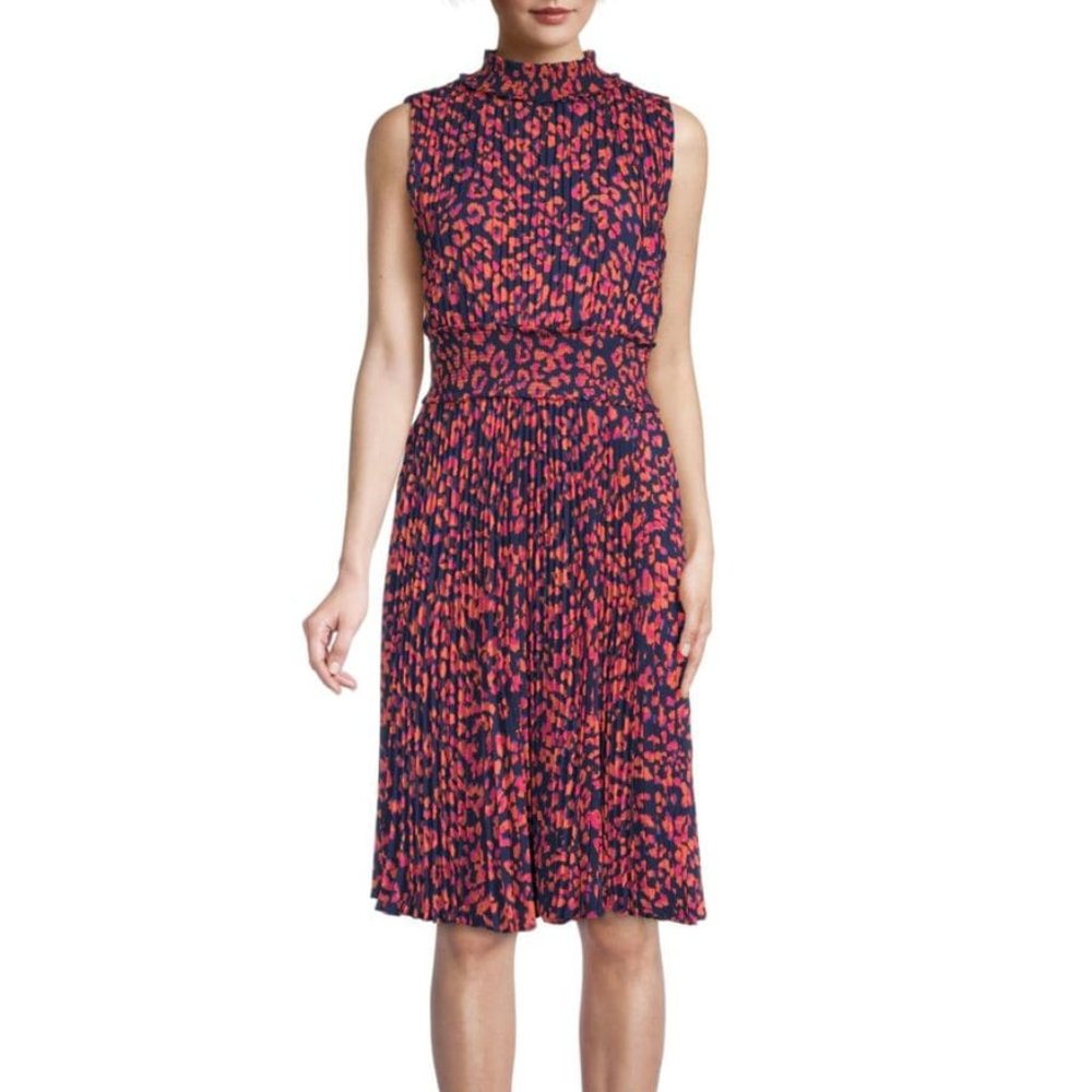 Women's Pleated Midi Dress Sleeveless Navy Print